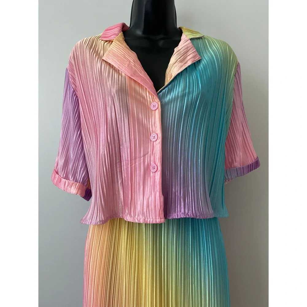 Dressed in lala. Rainbow Pleated Quirky Boho Festival Skirt Set S MultiColor